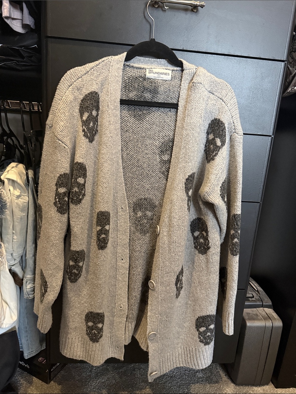 No Boundaries Gray Skull Pattern Cardigan Sweater